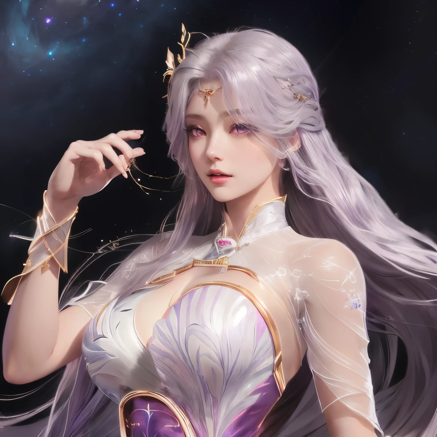 anime girl with long hair and a purple dress holding a cigarette, beautiful celestial mage, portrait knights of zodiac girl, a beautiful fantasy empress, goddess of galaxies, ((a beautiful fantasy empress)), white haired deity, 8k high quality detailed art, trending on cgstation, guweiz, goddess of space and time, goddess. extremely high detail, fantasy art style