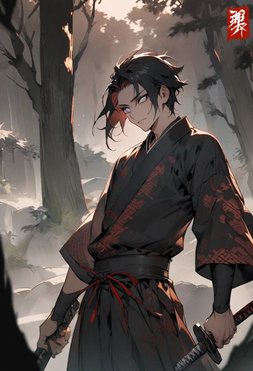 young man with calm face ,Male Dark, dark Woods,Red & Black colors, pale eye, samurai dnd, ronin background, hold katana in right hand