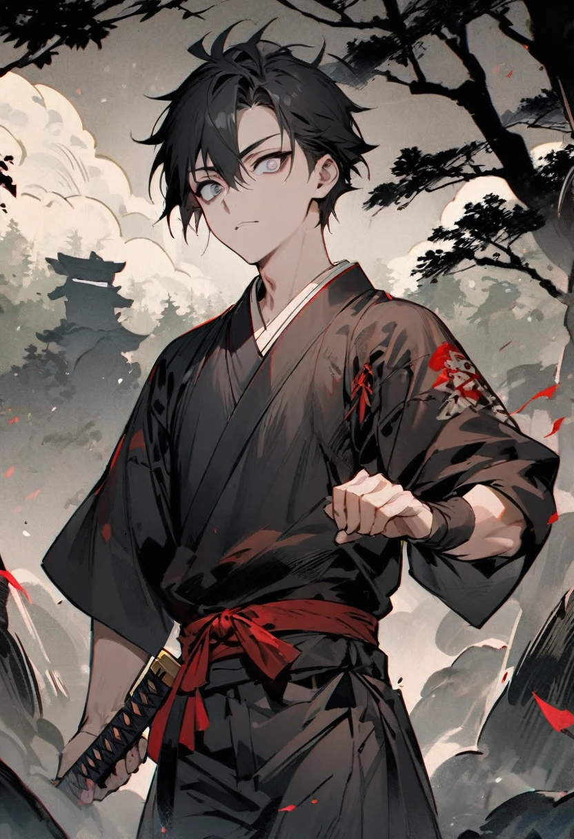 young man with calm face ,Male Dark, dark Woods,Red & Black colors, pale eye, samurai dnd, ronin background, hold katana in right hand