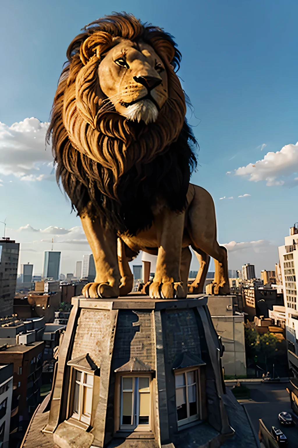 Big lion in a city stomping on the skyroof company below the lion, in 3d style