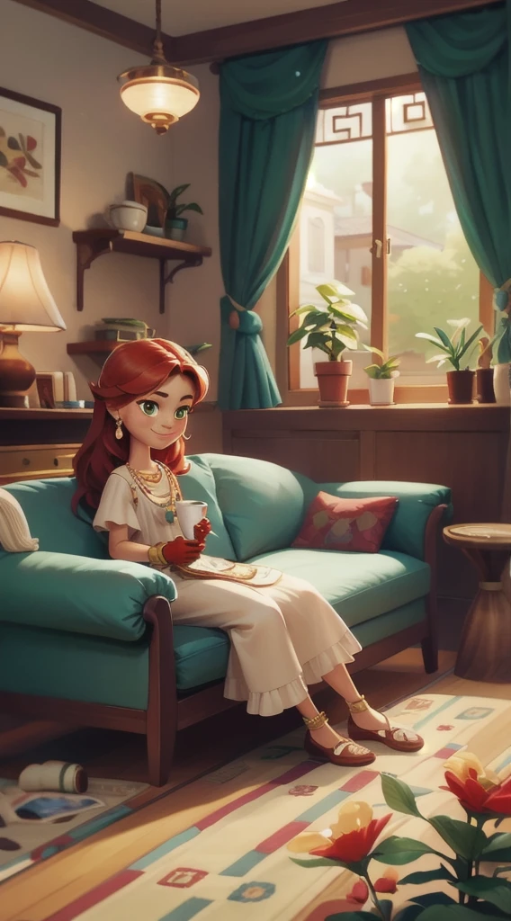 Concept Art,character illustration of a,European and American cartoons,(whole body:1.5),Mid-Long View,carpet,(Looking at the camera),shoe,一个20岁的金发女生happy的sit在living room,Holding a cup of coffee,happy,A laid-back expression,Relax,Leisure,European and American cartoons,1 Girl,freckle,Solitary,Jewelry,Green Eyes,Weaving,earrings,twin Weavings,necklace,Looking at the audience,Red hair,plant,Puff sleeves,bracelet,Smile,Long hair,puffy short sleeve,Necklace,dress,flower,Coffee cup,Gloves,earrings,Jewelry,肘部Gloves,cup,sit,sofa,window,sofa,living room,solo,Looking at the camera,Look at the audience,