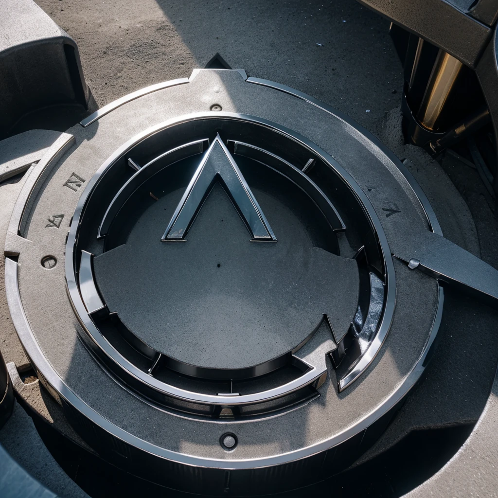 3D logo of chrome metal armor and black leather, the shape of a bright shiny gold circle triangle embossed, in the center of it is the inscription "Roda Wijaya" the effect of white and blue smoke.