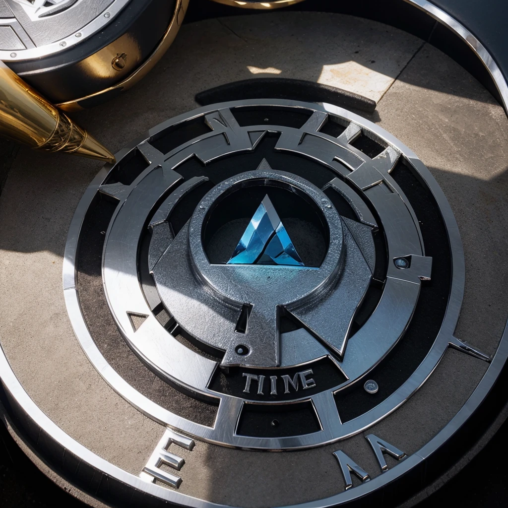 3D logo of chrome metal armor and black leather, the shape of a bright shiny gold circle triangle embossed, in the center of it is the inscription "Roda Wijaya" the effect of white and blue smoke.