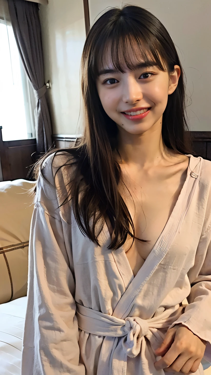 (8K、RAW Photos、Highest quality、masterpiece:1.2)、((Big Breasts、Nipples、whole body、pubic hair、Look at me and smile、White skin))、(Realistic、Realistic)、1 Girl、((naked、Waking up、After sexual、morning、 Hotel Bedroom、bed、Bathrobes、smile))、cute