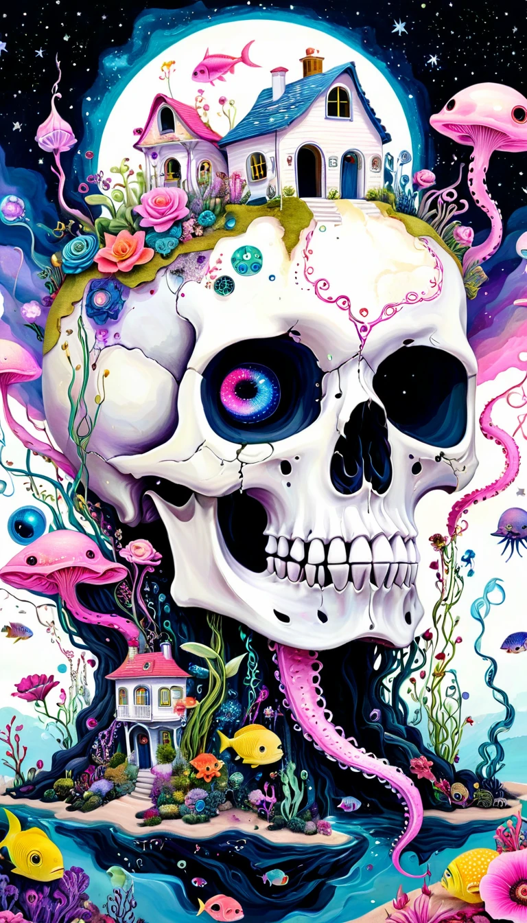 Human Skull House,fish,plant,flower,Tentacles,Eye、Starry Sky,Stitching together an abstract painting,Describing the inner world of autistic people,Sense of space,White Space,interesting,Innocence,Psychedelic Art,Pink theme