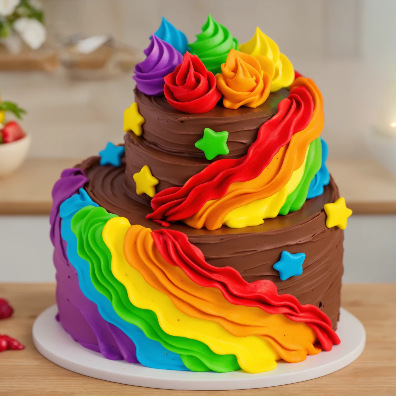 on a wooden table. there is a white plate. double tier chocolate cake ((chocolate cream texture, strokes of a pastry spatula)), rainbow cream in stitches, decorated with rainbow stars made of polymer clay, multi-colored cream on top ((cream highlights)), on the table there is a checkered tablecloth and star cornets made of polymer clay. against the background of the kitchen, vase with plant, Fruit basket, kettle, shelf with kitchen utensils. Beautiful light from the window, contour light, Multiple light sources, beautiful lighting, Bright light source, bright lighting, beautiful light sources, Multiple light sources, Realistic style , realistic texture, detailed texture, A high resolution, high quality, macro photography 