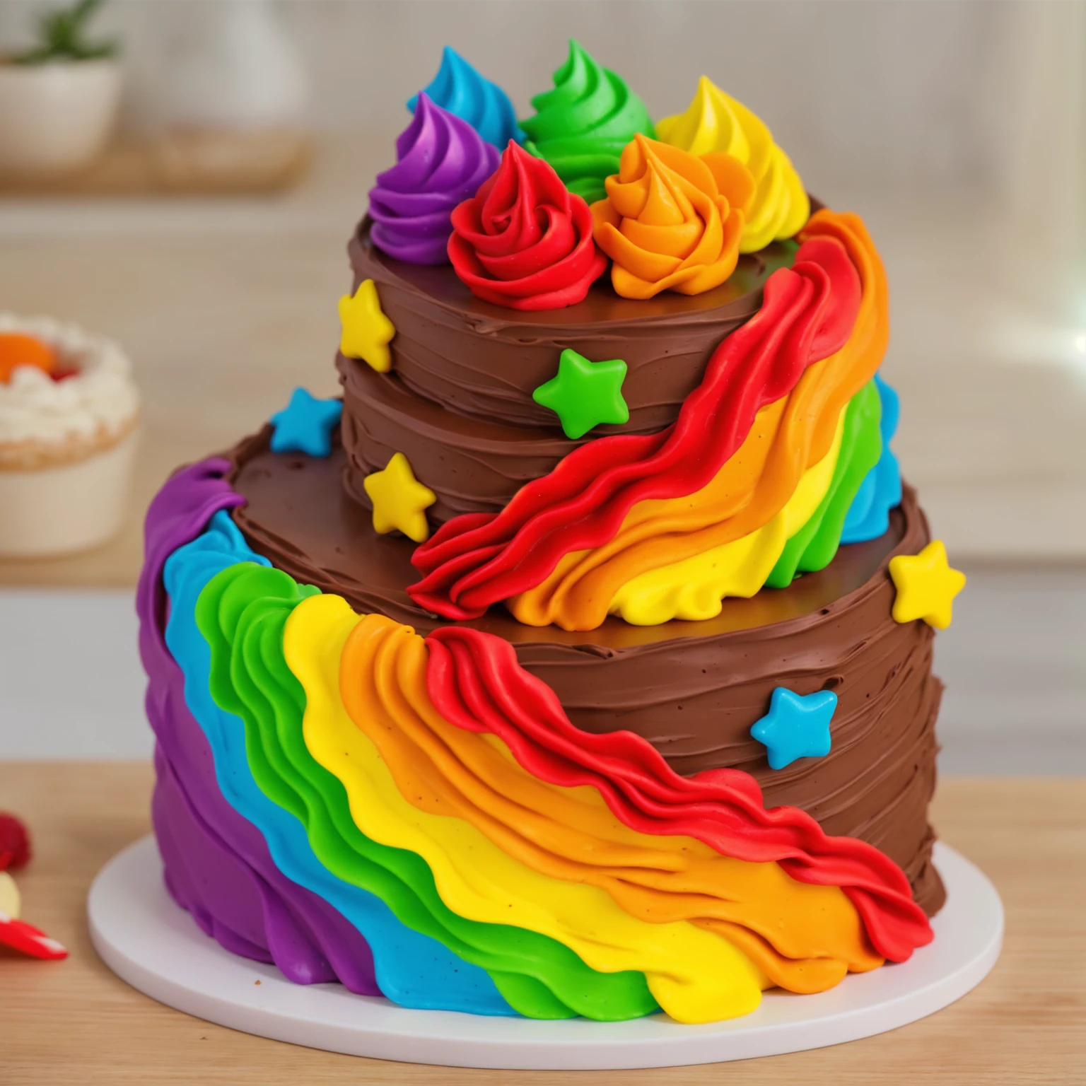 on a wooden table. there is a white plate. double tier chocolate cake ((chocolate cream texture, strokes of a pastry spatula)), rainbow cream in stitches, decorated with rainbow stars made of polymer clay, multi-colored cream on top ((cream highlights)), on the table there is a checkered tablecloth and star cornets made of polymer clay. against the background of the kitchen, vase with plant, Fruit basket, kettle, shelf with kitchen utensils. Beautiful light from the window, contour light, Multiple light sources, beautiful lighting, Bright light source, bright lighting, beautiful light sources, Multiple light sources, Realistic style , realistic texture, detailed texture, A high resolution, high quality, macro photography 