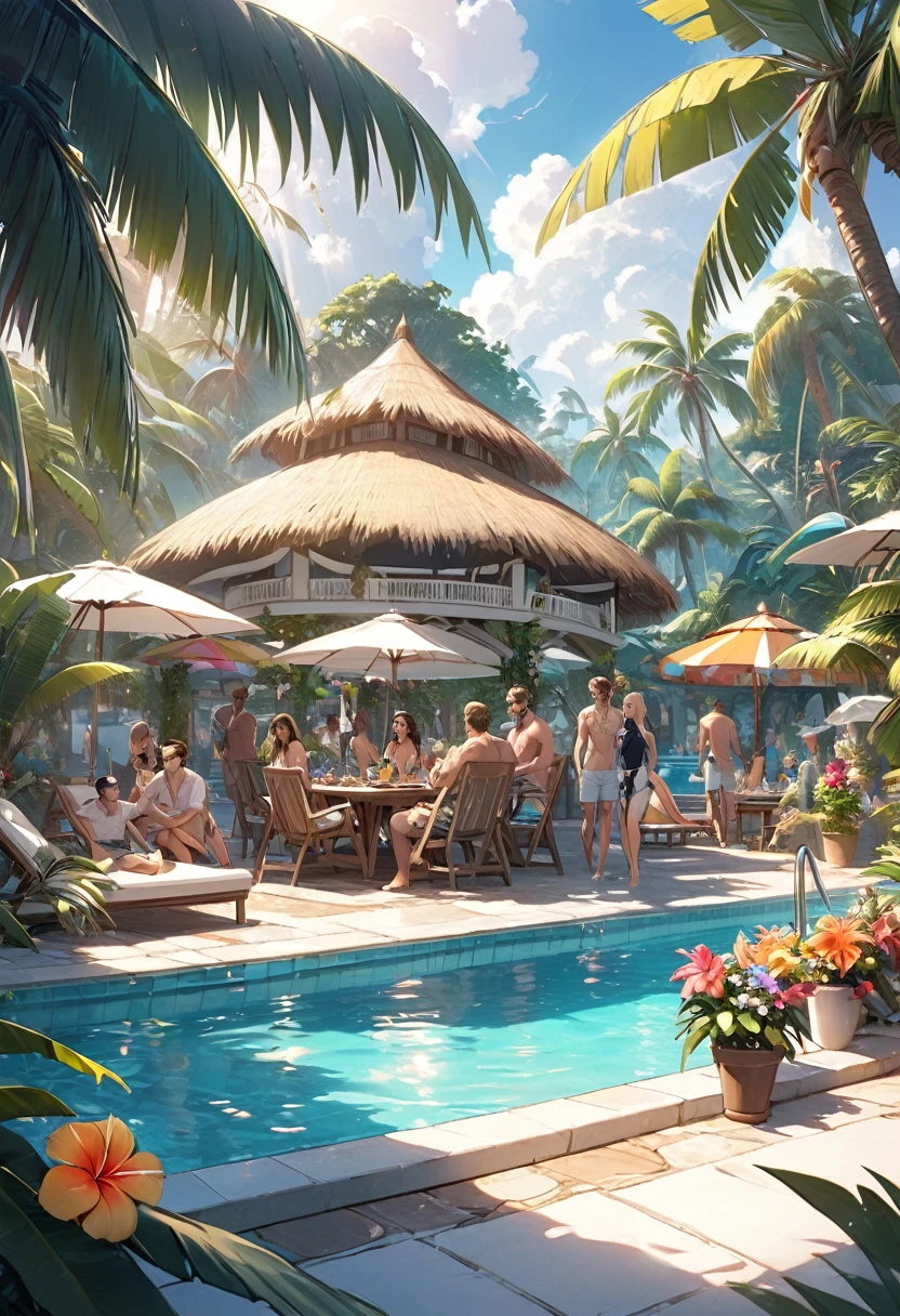 
               Pool party scene with tropical pool poolside seating area with gazebo and palm trees. White Cottage, Pool  scene with sun umbrellas, sparkling tropical flowers in the swimming pool and a group of happy handsome guys and beauties celebrating friendship., masterpiece, Intricately detailed exotic tropical island scenery movie scene tropical paradise


               ( Correct and perfect anatomy ) Super detailed，complicated，Film perspective，The use of light and shadow in CG art is bright, High-quality animation style presentation  