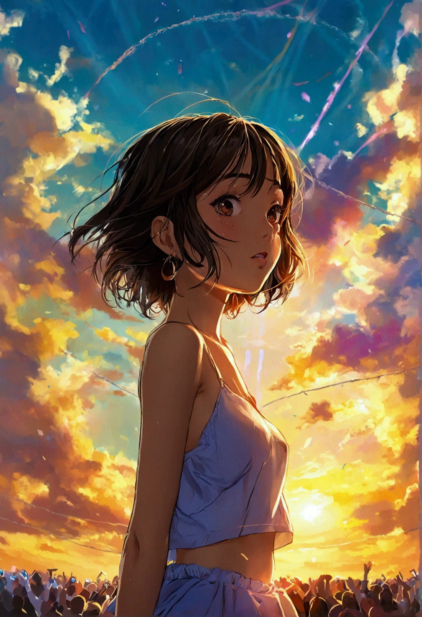 masterpiece, best quality, no bra, bare legs, ass_visible_through_thighs, surrounded, multiple others, exhibitionism, audience, background characters, crowd, public humiliation, spread pussy, breasts out, no_panties, no legwear,