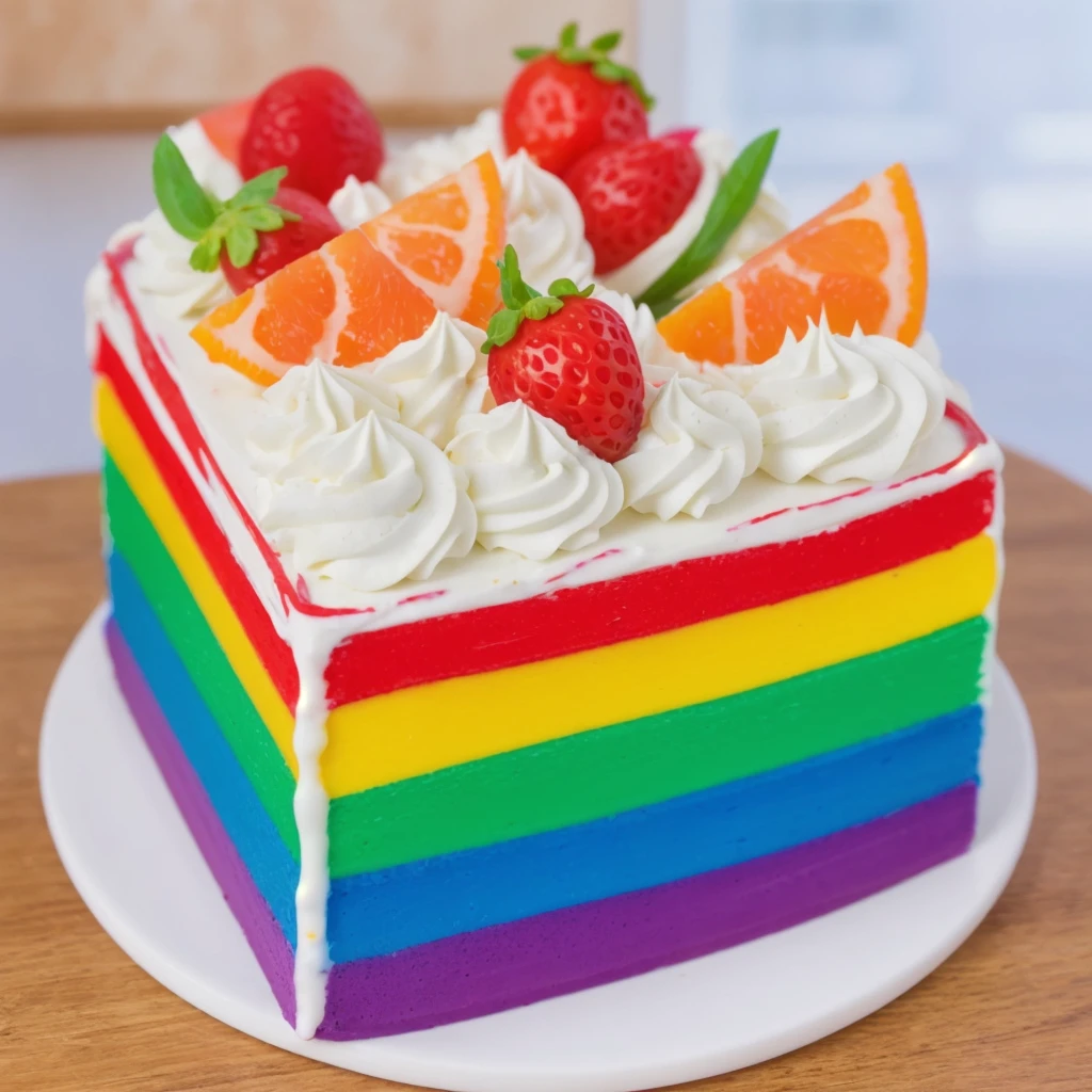 on a wooden table, on a porcelain plate, a tiny cream rainbow cake, with cream lines drawn on its edges, white cream swirls, tiny strawberries, oranges and watermelon slices made of polymer clay on the cake, window light, bright lights, soft light, window light, professional lighting, light from the window, neat light, realistic texture, realistic style, detailed texture, high quality, high resolution, high quality rendering, realistic photo, brightning light, macro photo