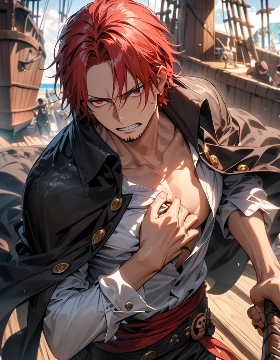 absurdres, highres, ultra detailed, HDR, masterpiece, extremely detailed face and eyes, Shanks, red hair, expressive red eyes, One Piece, solo, man, handsome, black cape, white shirt, showing the chest, pirate ship, blodd around the wood, only one arm that is right arm