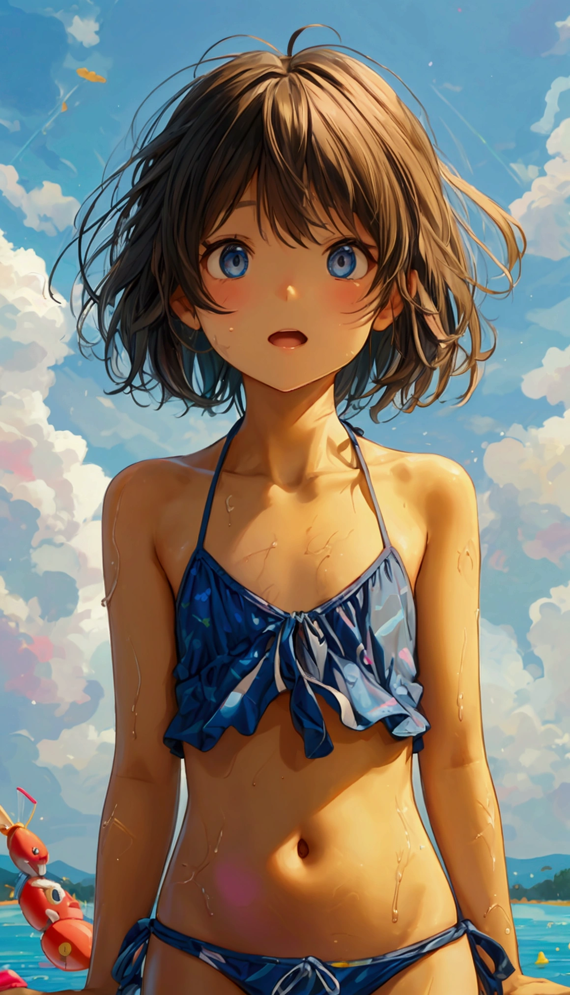 Funny, comical, , 5 years old, todler, river background, (Playful), toys, illustration, A high resolution, Vibrant colors, Soft lighting, Random actions，Wearing swimwear ，Random angles,（Exquisitehands:1.5)（Perfect body proportion:1.5）（More refined anime eyes:1.5）long hair，random hair style