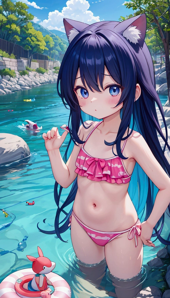 Funny, comical, , , todler, river background, (Playful), toys, illustration, A high resolution, Vibrant colors, Soft lighting, Random actions,Wearing swimwear ,Random angles,(Exquisitehands:1.5)(Perfect body proportion:1.5)(More refined anime eyes:1.5)long hair,random hair style