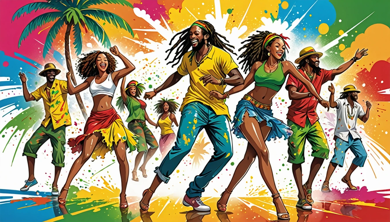 Vector art, Lots of Jamaican Reggae, Authentic Jamaican reggae music atmosphere，Color illustrations, in the center, Vibrant colors, Paint splatters and stains, High detail, 
Palm tree,Dancing men and women
