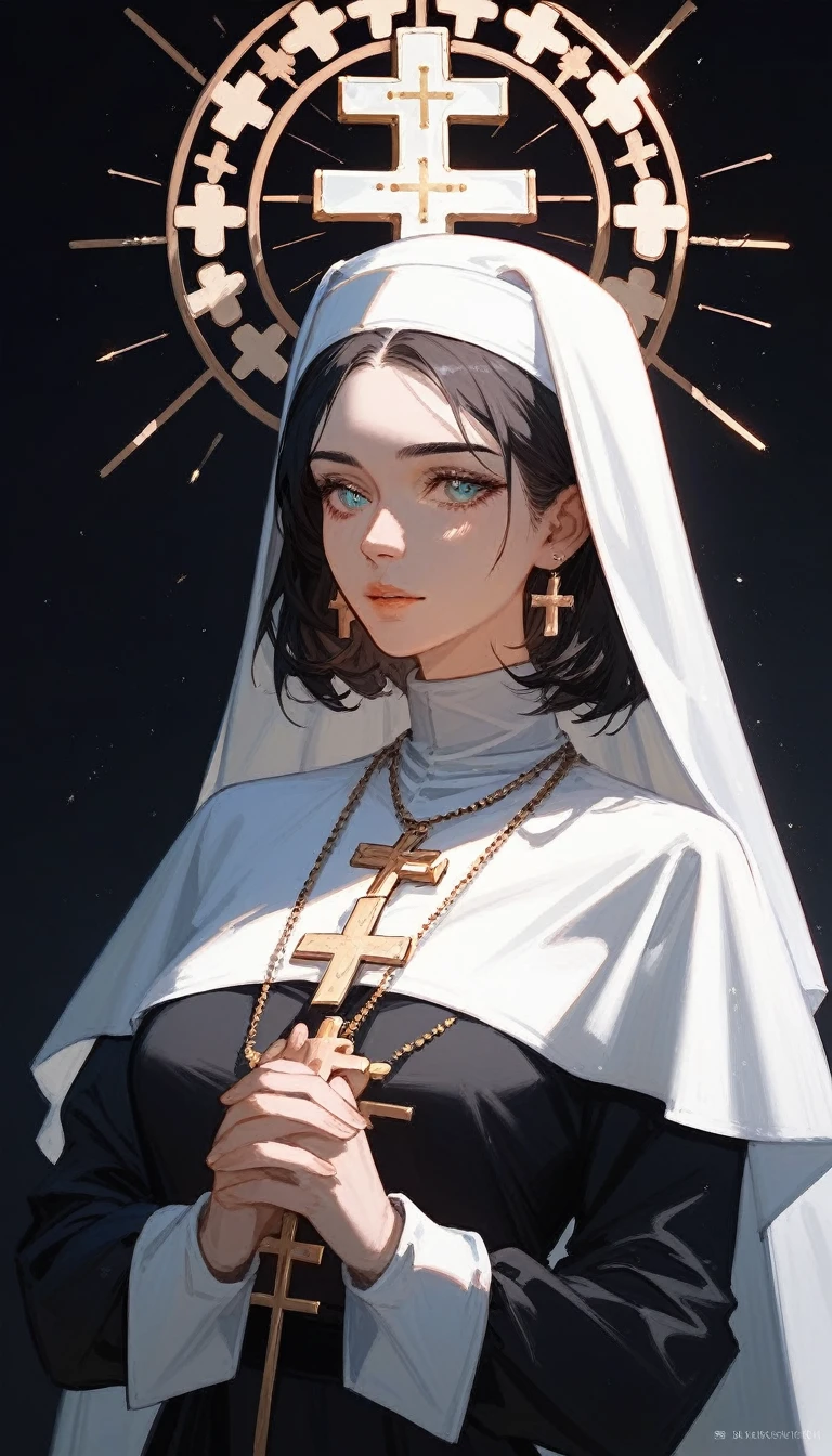 (Fraction_9,Fraction_8_Direction_7_up),1 a woman,(((bust))),game character,Priest,nun,hair,Bible in hand,White clothes,Gold decoration,