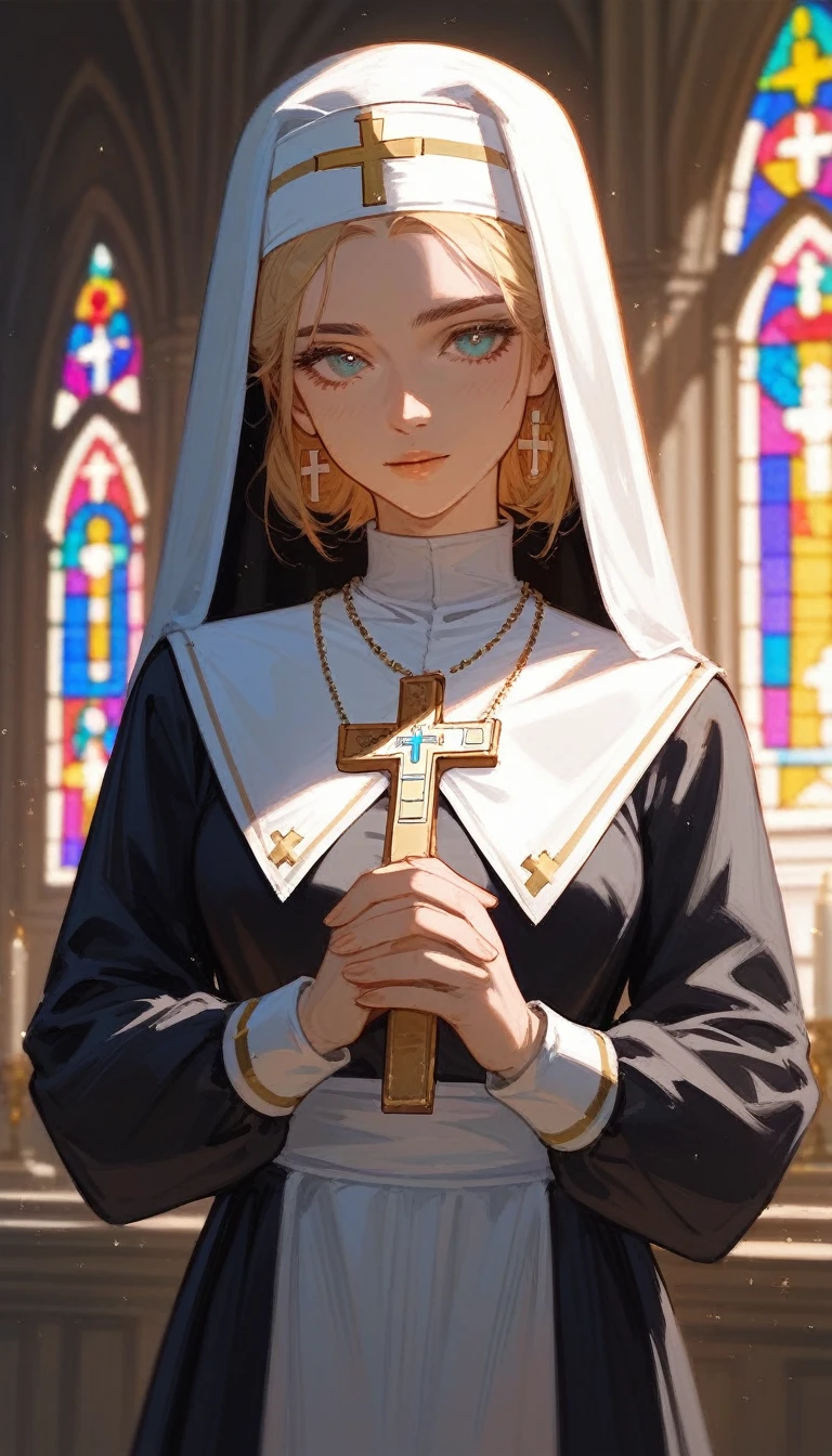 (Fraction_9,Fraction_8_Direction_7_up),1 a woman,（（（bust）））,game character，Priest，nun，hair，Bible in hand，White clothes，Gold decoration，