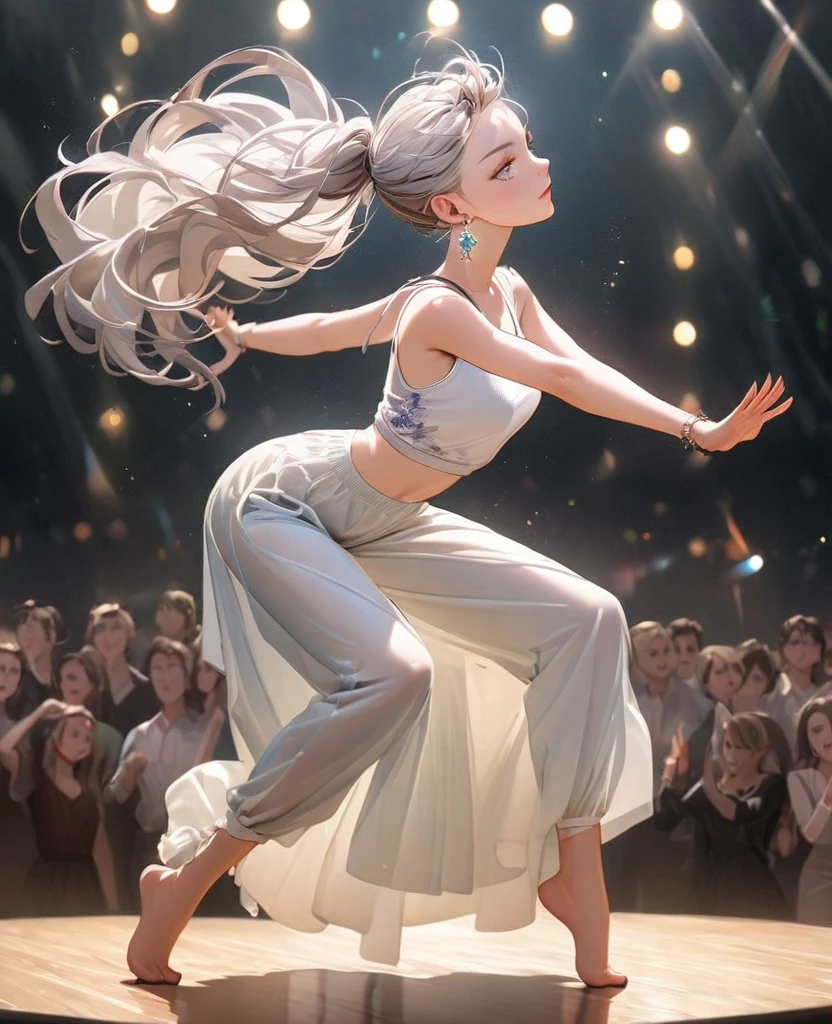 8K,gal，an extremely delicate and beautiful,Beautiful and realistic skin,Shiny jewel-like earrings,Long silver hair,beautiful eyes,full body,head to toe,beautiful regs,skiny pants,tank top,dance
