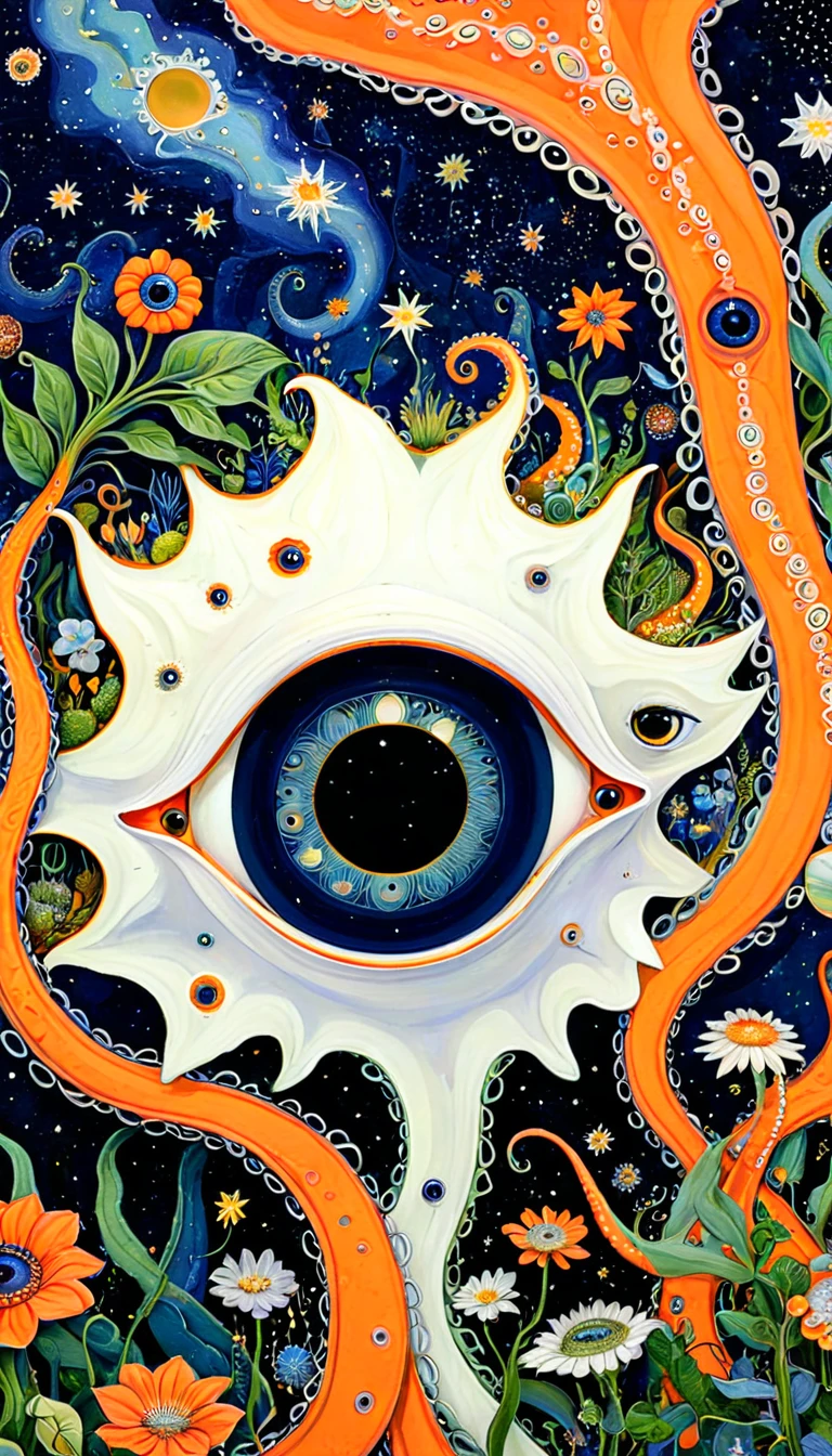 "Dick Ellescas Artist Style",house，plant，flower，Tentacles，Eye、Starry Sky，Stitching together an abstract painting，Describing the inner world of autistic people，Sense of space，White Space，interesting，Innocence，Psychedelic Art，Orange theme