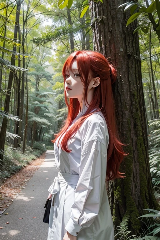 Anime girl with red hair and a white shirt in the forest, Anime drawing, inspired by Alena Aenami, winner of the pixiv competition, digital art, anime style 4k, anime art wallpaper 8k, 4k manga wallpaper, anime art wallpaper 4k, anime art wallpaper 4k, 4k anime wallpaper, Digital anime illustration, Detailed digital anime art