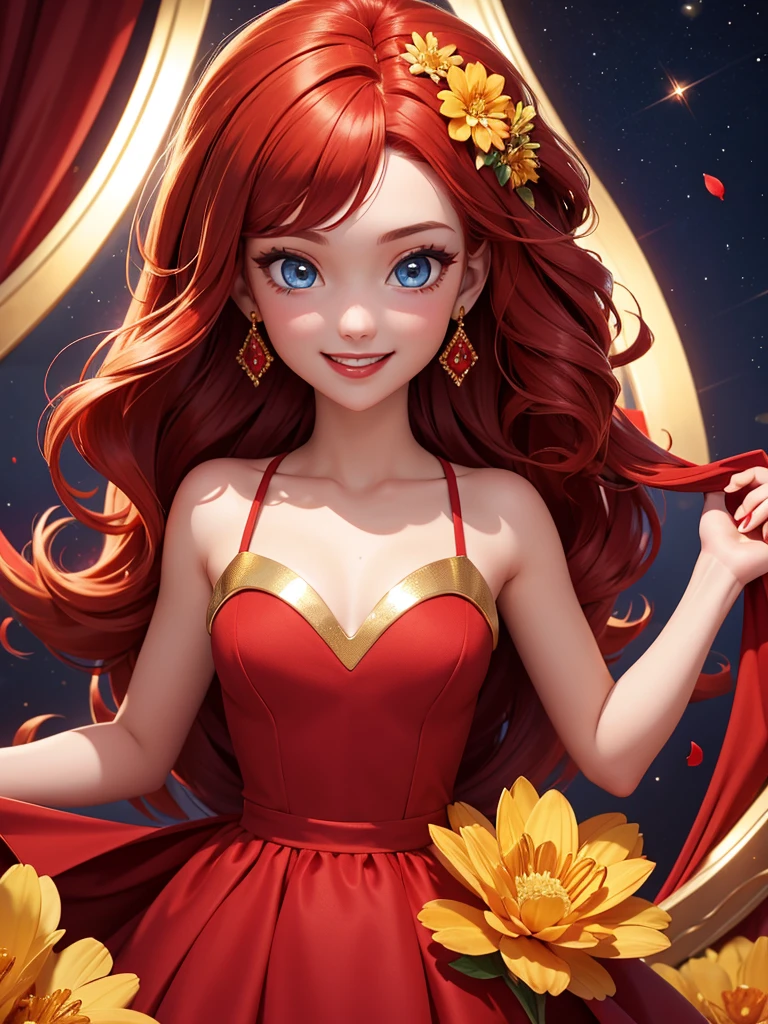 Girl, red dress, gold stripe in the middle of the dress, a shiny gold flower, red hair, blue eyes, and a red lip.smile ,,Cheerful girl,crystalline dress