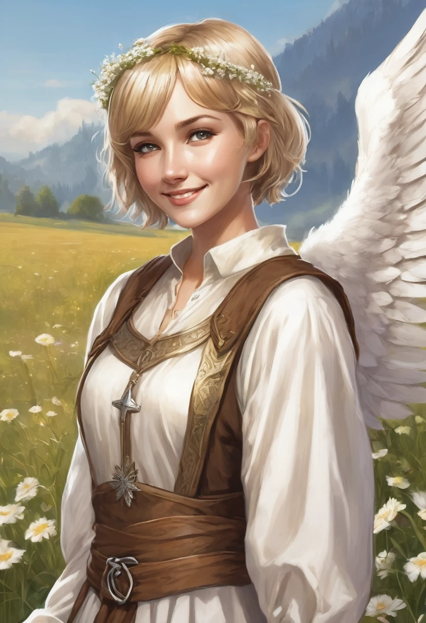 1 female angel, european face, fantasy, young adult, she is wearing brown cheap medieval clothes, she has blond short bobcut hair, she has white grey eyes, she is smiling, white flowers field in background, fantasy, she has one angelic big wing white, very flat chest
