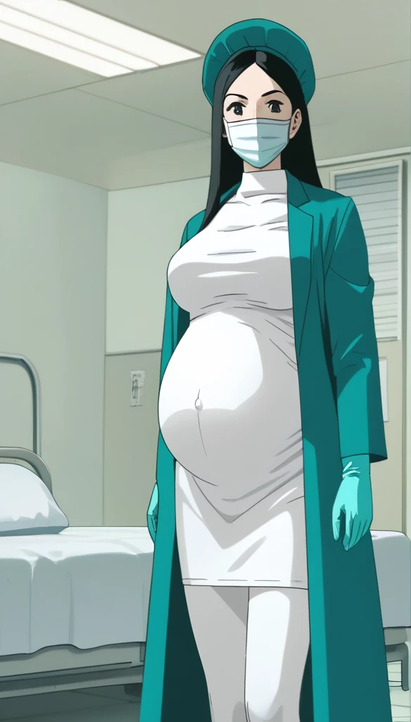 score_9, score_8_up, score_7_up, source_anime, raw image, masterpiece, highest quality, kasuganoray, pale skin, her eyes are happy, long black hair, big breasts, scrubs, surgical mask, bouffant cap, long sleeve maternity dress, put on another long-sleeved coat, seamless, navel head, the dress isn't wrinkled, long white stockings,
1girl, pregnant, solo, long rubber gloves, looking down, furrowed brow, hospital bed, light shines from the ceiling, standing, patient room background,