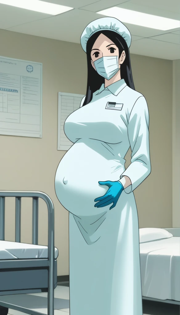 score_9,  score_8_up, score_7_up, source_anime, raw image, masterpiece, highest quality, kasuganoray, pale skin, her eyes are happy, long black hair, big breasts, scrubs, surgical mask, bouffant cap, long sleeve maternity dress, put on another long-sleeved coat, seamless, navel head, the dress isn't wrinkled, long white stockings,
1girl, pregnant, solo, long rubber gloves, looking down, furrowed brow, hospital bed, light shines from the ceiling, standing, patient room background, 