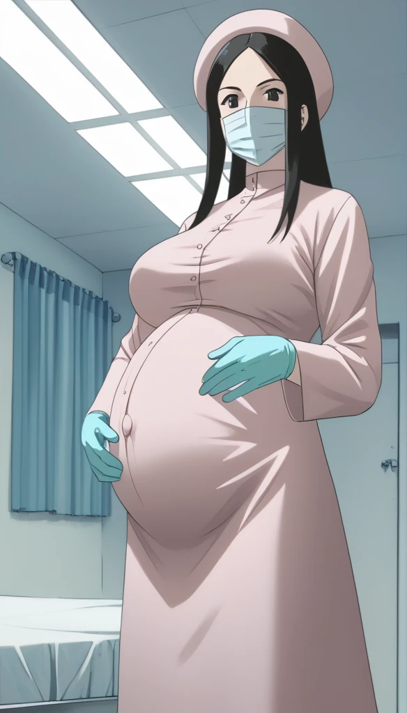score_9, score_8_up, score_7_up, source_anime, raw image, masterpiece, highest quality, kasuganoray, pale skin, her eyes are happy, long black hair, big breasts, scrubs, surgical mask, bouffant cap, long sleeve maternity dress, put on another long-sleeved coat, seamless, navel head, the dress isn't wrinkled, long white stockings,
1girl, pregnant, solo, long rubber gloves, looking down, furrowed brow, hospital bed, light shines from the ceiling, standing, patient room background,