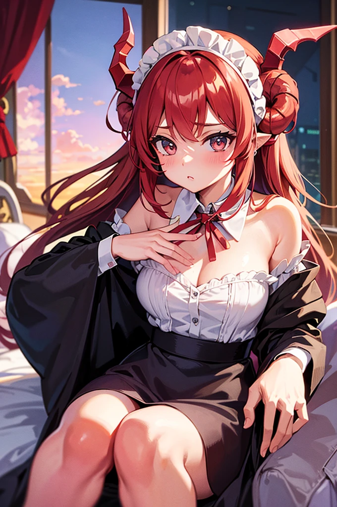 Masterpiece, Best Quality, 1 girl, 80's anime style, apple, maid, dragon horns,