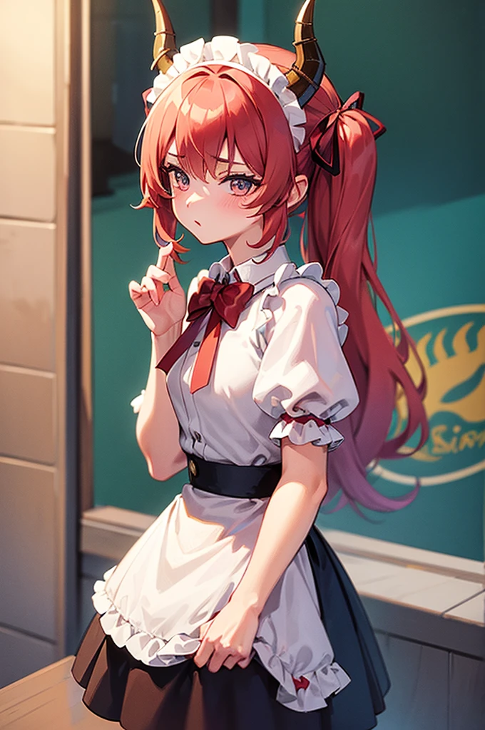 Masterpiece, Best Quality, 1 girl, 80's anime style, apple, maid, dragon horns,