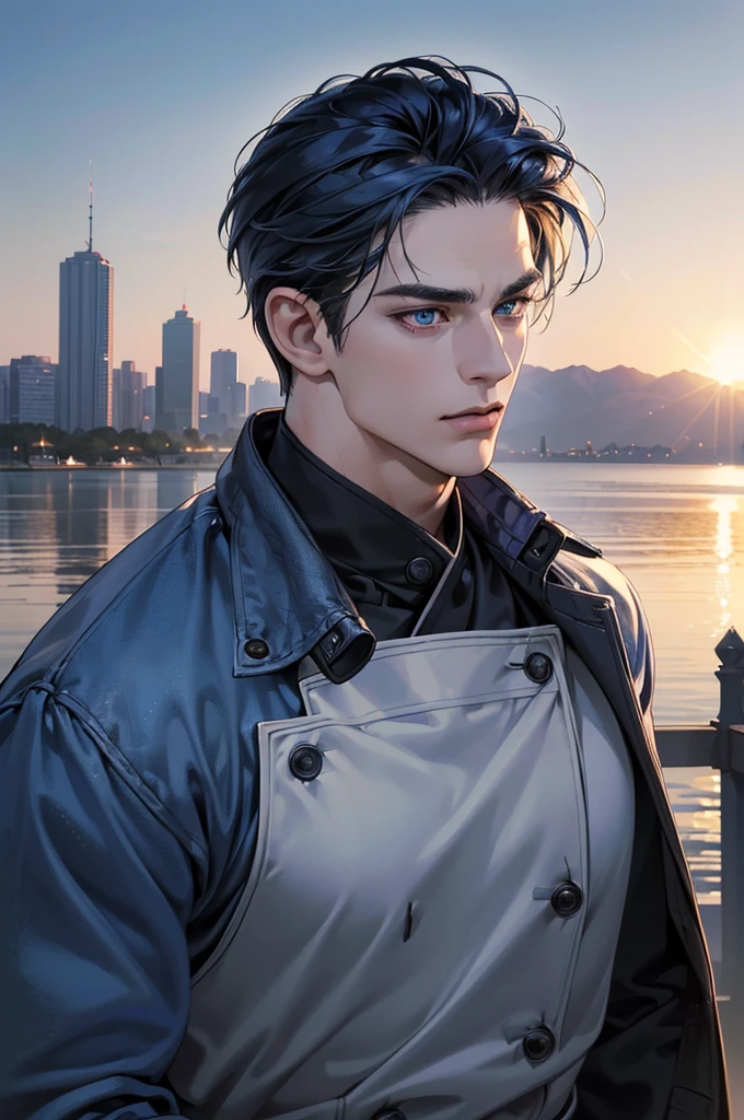 (Highest quality,4K,8K,High resolution,masterpiece:1.2),Super detailed,(Realistic,photoRealistic,photo-Realistic:1.37),30-year-old male,Handsome Anime,Portraiture,strong,Masculine,Dark blue hair,Sharp jawline,Captivating eyes,Perfectly styled hair,short hair, Cool Anime Costumes,Confident expression,Vibrant colors,Dynamic Lighting
