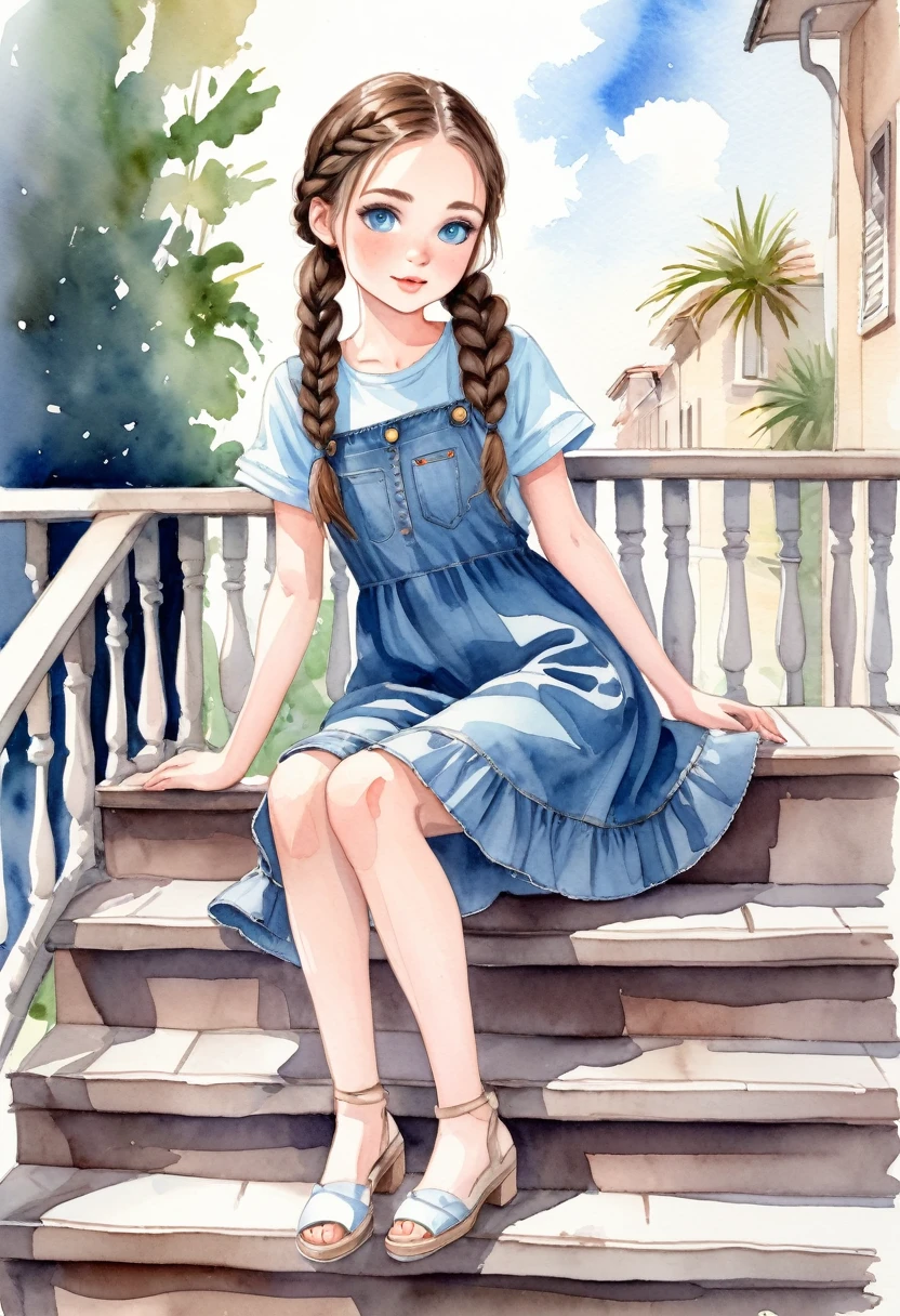 watercolor drawing, a beautiful with brown hair and blue eyes, She wears denim dress, she wears braids in her hair, she is sitting on a stair railing, legs openela seems to be having fun