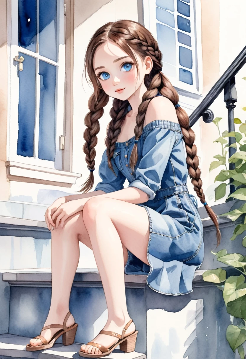 watercolor drawing, a beautiful  with brown hair and blue eyes, She wears denim dress, she wears braids in her hair, she is sitting on a stair railing,  legs openela seems to be having fun