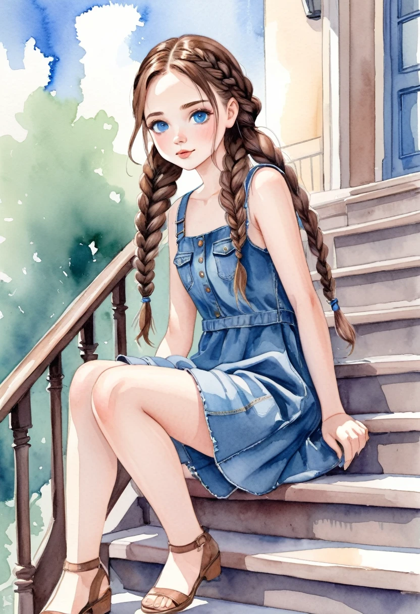 watercolor drawing, a beautiful with brown hair and blue eyes, She wears denim dress, she wears braids in her hair, she is sitting on a stair railing, legs openela seems to be having fun