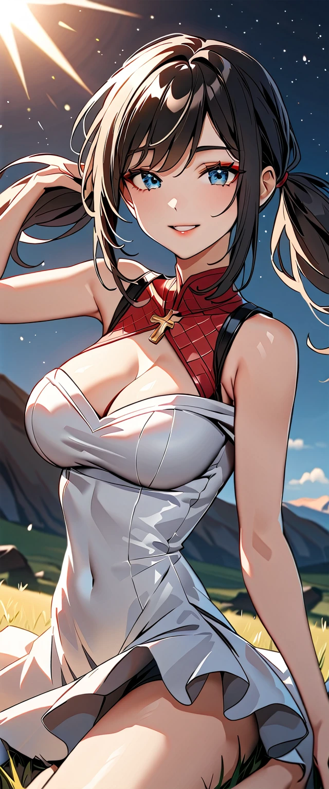 Photo of a woman with natural skin, Upper Body, Dynamic pose, Smiling, High Twintails, Black hair with red mesh, Sharp eyes with red eyeshadow, Shining eyes, A thin, upturned nose, Well-shaped lips, ((White off-the-shoulder dress, Shoulder straps cross at the neck)), Big Breasts, barefoot, Makeup, Exquisitely crafted with the utmost attention to detail, Vibrant, amazing, Smooth, Cinematic, 4K, Backlight, ((A wide grassland with a beautiful starry sky)), Shallow depth of field, ((Detailed eyes:1.3, Detailed lips:1.3, high quality, )), masterpiece, Super detailed images, High quality