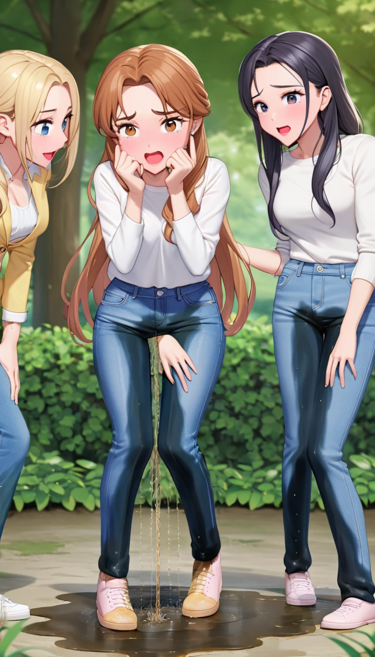 ((best quality, masterpiece:1.3, 8K)), (detailed), highly detailed face and skin texture, detailed eyes, park, pond, full body, (slender body:1.1), (a group of girls:1.5), 25 years old, white skin, bright lips, scared, worried, embarrassed, long hair, (forehead:1.0), (jeans pants:1.2, flares jeans:1.2, skinny jeans:1.2, blue jeans:1.2), (wetting themself:2.5),