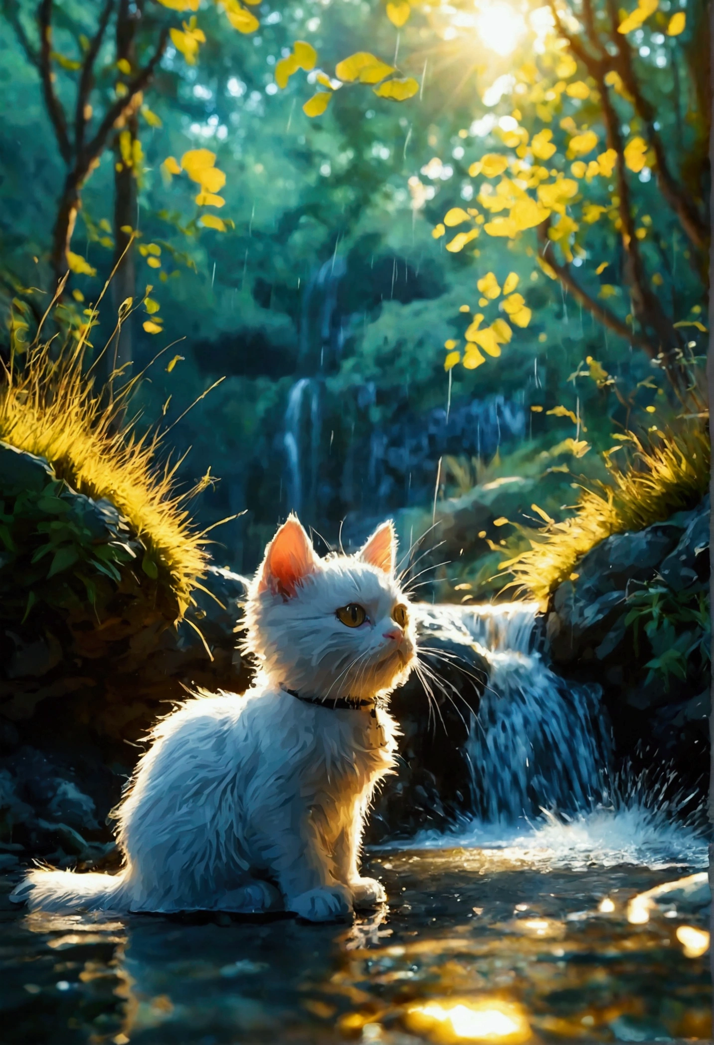 a beautiful detailed forest,detailed waterfall,detailed campsite,scenic italian forest,detailed waterfall,golden hour,golden hour,manual mode,wide angle,f/8,iso 100,1/500 shutter speed,10mm lens,a cute white cat with big eyes in the waterfall