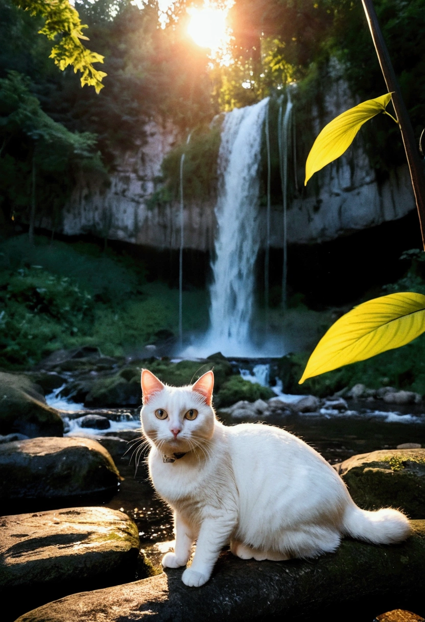 a beautiful detailed forest,detailed waterfall,detailed campsite,scenic italian forest,detailed waterfall,golden hour,golden hour,manual mode,wide angle,f/8,iso 100,1/500 shutter speed,10mm lens,a cute white cat with big eyes in the waterfall