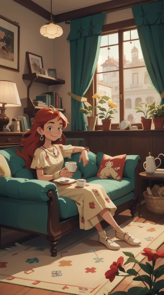 Concept Art,character illustration of a,European and American cartoons,(whole body:1.5),Mid-Long View,carpet,(Looking at the camera),shoe,一个20岁的金发女生happy的sit在living room,Holding a cup of coffee,happy,A laid-back expression,Relax,Leisure,European and American cartoons,1 Girl,freckle,Solitary,Jewelry,Green Eyes,Weaving,earrings,twin Weavings,necklace,Looking at the audience,Red hair,plant,Puff sleeves,bracelet,Smile,Long hair,puffy short sleeve,Necklace,dress,flower,Coffee cup,Gloves,earrings,Jewelry,肘部Gloves,cup,sit,sofa,window,sofa,living room,solo,Looking at the camera,Look at the audience,