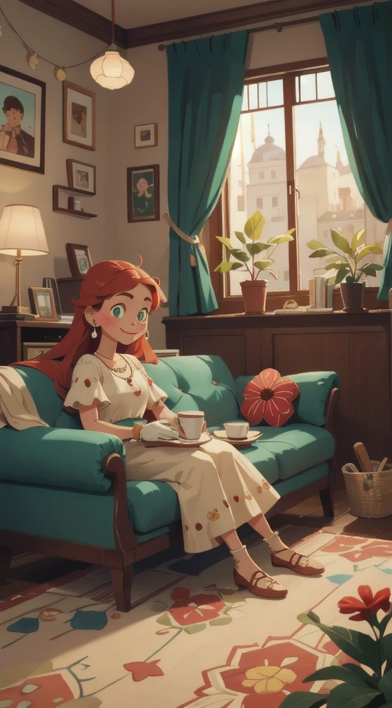 Concept Art,character illustration of a,European and American cartoons,(whole body:1.5),Mid-Long View,carpet,(Looking at the camera),shoe,一个20岁的金发女生happy的sit在living room,Holding a cup of coffee,happy,A laid-back expression,Relax,Leisure,European and American cartoons,1 Girl,freckle,Solitary,Jewelry,Green Eyes,Weaving,earrings,twin Weavings,necklace,Looking at the audience,Red hair,plant,Puff sleeves,bracelet,Smile,Long hair,puffy short sleeve,Necklace,dress,flower,Coffee cup,Gloves,earrings,Jewelry,肘部Gloves,cup,sit,sofa,window,sofa,living room,solo,Looking at the camera,Look at the audience,