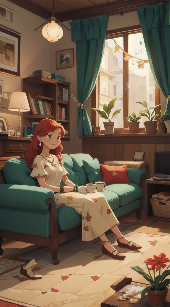 Concept Art,character illustration of a,European and American cartoons,（whole body：1.5），Mid-Long View，carpet，（Looking at the camera），shoe，一个20岁的金发女生happy的sit在living room，Holding a cup of coffee，happy，A laid-back expression，Relax，Leisure，European and American cartoons，1 Girl,freckle,Solitary,Jewelry,Green Eyes,Weaving,earrings,twin Weavings,necklace,Looking at the audience,Red hair,plant,Puff sleeves,bracelet,Smile,Long hair,puffy short sleeve,Necklace,dress,flower,Coffee cup,Gloves,earrings,Jewelry,肘部Gloves,cup,sit,sofa,window,sofa，living room，solo,Looking at the camera，Look at the audience，