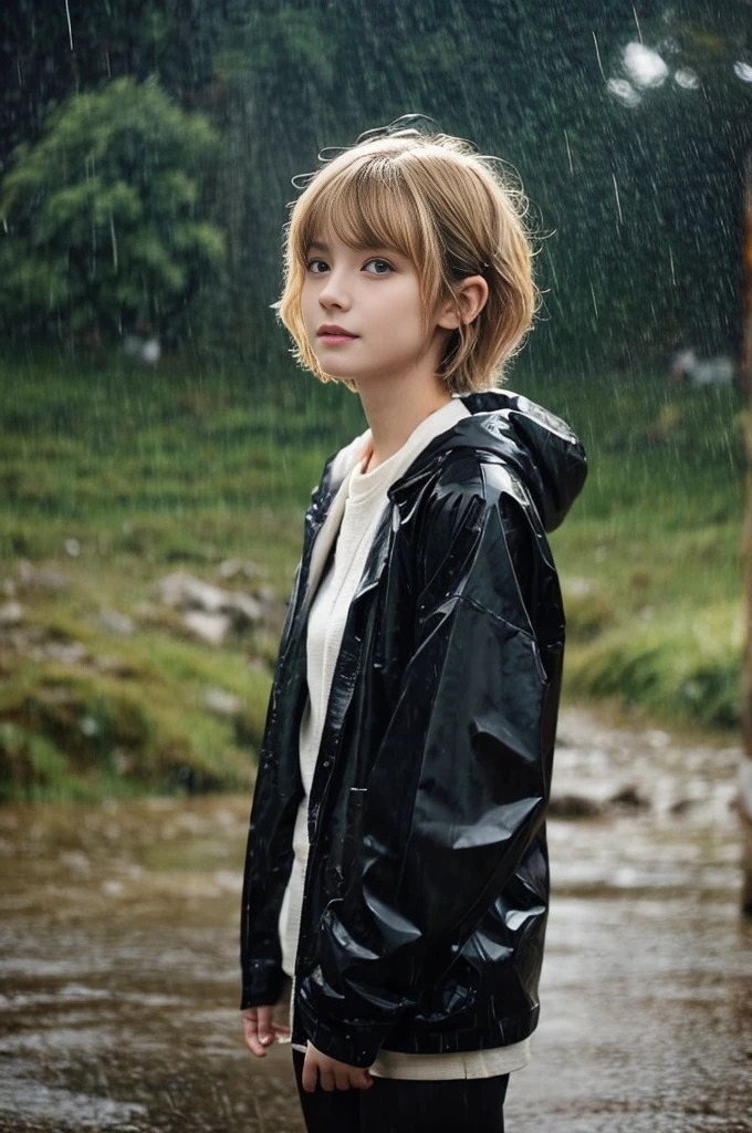24year old beautiful girl、Half-Japanese beauty、Highest image quality、realistic、16K、beautiful woman、Very Short Hair、Pixie Cut、blondes、blondes、With bangs、Pretty slim、heavy rain、wet from heavy rain、Mountaineering、White Mountaineering服、Wet in the rain、Heavy Rain、My hair got wet in the heavy rain、In heavy rain、In the mountains、A look asking for a kiss、Shooting from the sky、Full body、Shooting from a distance