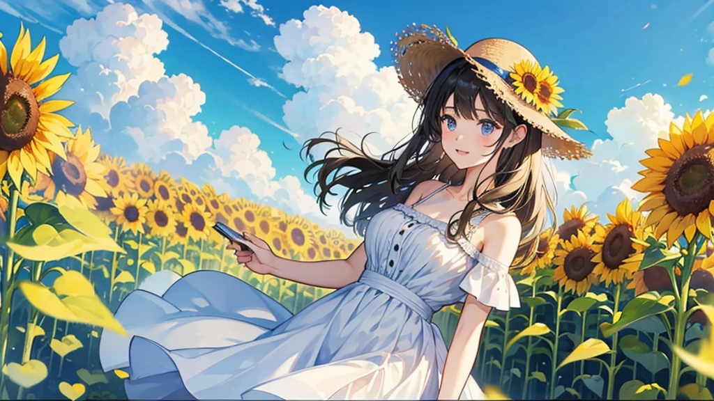 Sunflower field。Wearing a straw hat、earphone。Wearing a white dress、Big Tits Girls。Clear blue sky。Low Poly。Anime Style。Watercolor。