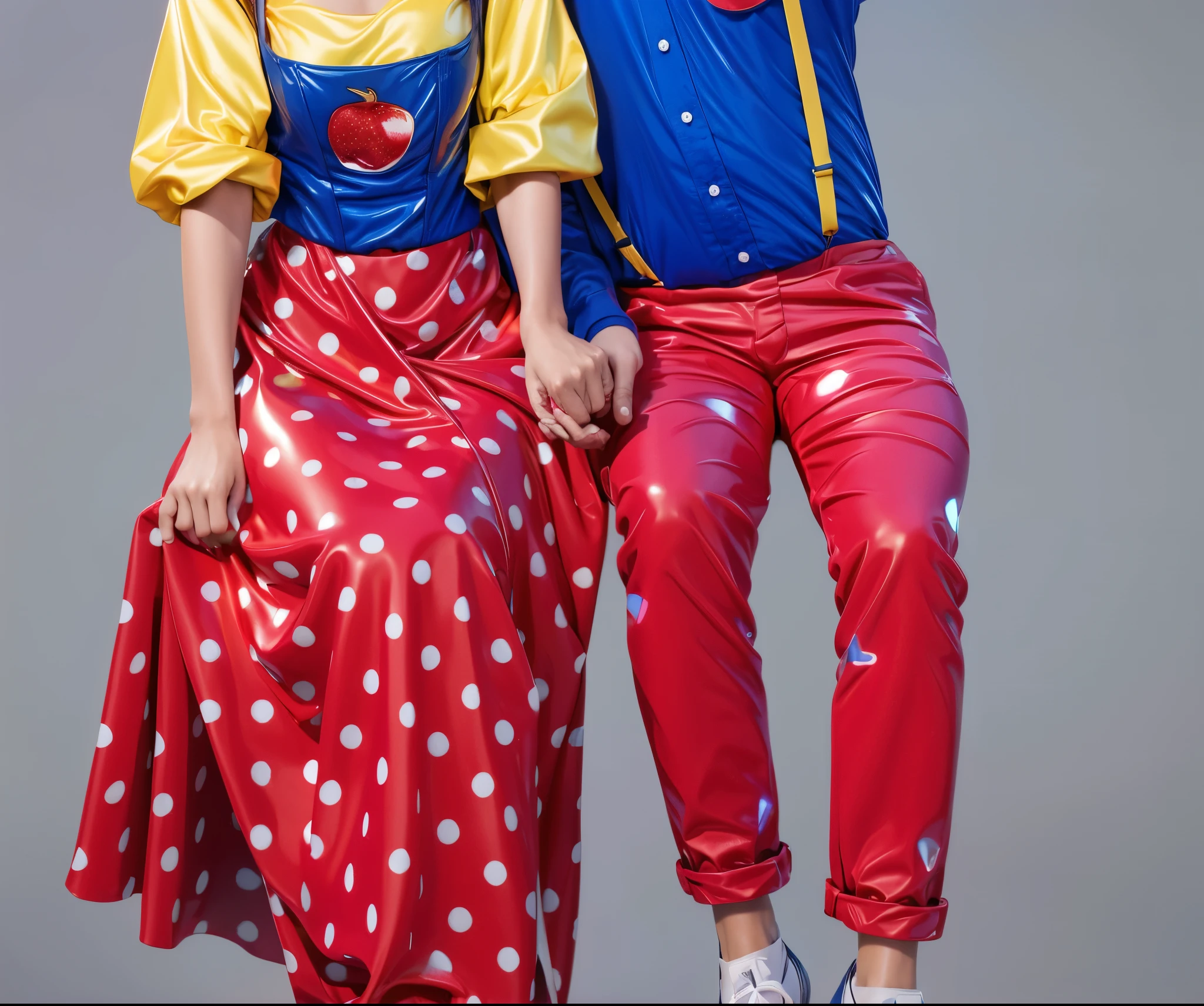 The image shows a man and a woman dressed in classic polka dot costumes, complete with apple-shaped buttons on their shirts, standing close to each other and pointing in the same direction.3d style, simplified design, 3d render, glossy texture, smooth 3d model, multiple light sources, rim light, sharp post effects render, (glossy plastic texture with multiple big light probe refractions), perfect cgi, smooth silhouette, high intensity refraction, (super glossy material), most beautiful vfx , blue background, plastic refractions, realistic, 4k, high resolution, rim light, photo shoot, commercial photo, profile shot, 4k, rim light, high resolution, 4k, glossy texture, smooth 3d model, multiple light sources, rim light, sharp post effects render, (glossy metallic texture with multiple big light probe refractions), perfect cgi, cgi art created only with gradients, smooth silhouette, high intensity refraction, (super glossy chrome material), most beautiful vfx, blue background, chrome metal refractions, multiple light sources, rim light, sharp post effects render, perfect cgi, digital art, detailed digital art, reflective, best quality, 4k, masterpiece:1.2, ultra-detailed, realistic, vivid colors, dark and moody lighting, The image of the highest quality, ensuring every detail is showcased perfectly. It in 4k resolution, allowing viewers to immerse themselves in the richness of the colors and intricate details. The realistic rendering. under the spotlight, reflecting, high-resolution image, realistic rendering, dark background, and rim light photorealistic The image features three characters standing in front of three houses. The characters are a red-haired mermaid, a purple cat, and an orange dog. They are each holding a yellow maraca