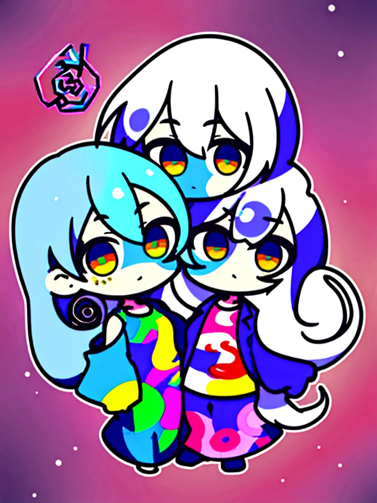 Brother and sister. Brother is a normal human. Sister has a swirling contrast in her eyes.2A spiral shape expressed in two dimensions. The brother is wearing hippie clothes. The sister is wearing a short-sleeved knit. The brother's skin color is brown. The sister's skin color is light orange. A two-shot. The sister is smiling, but、Love is heavy