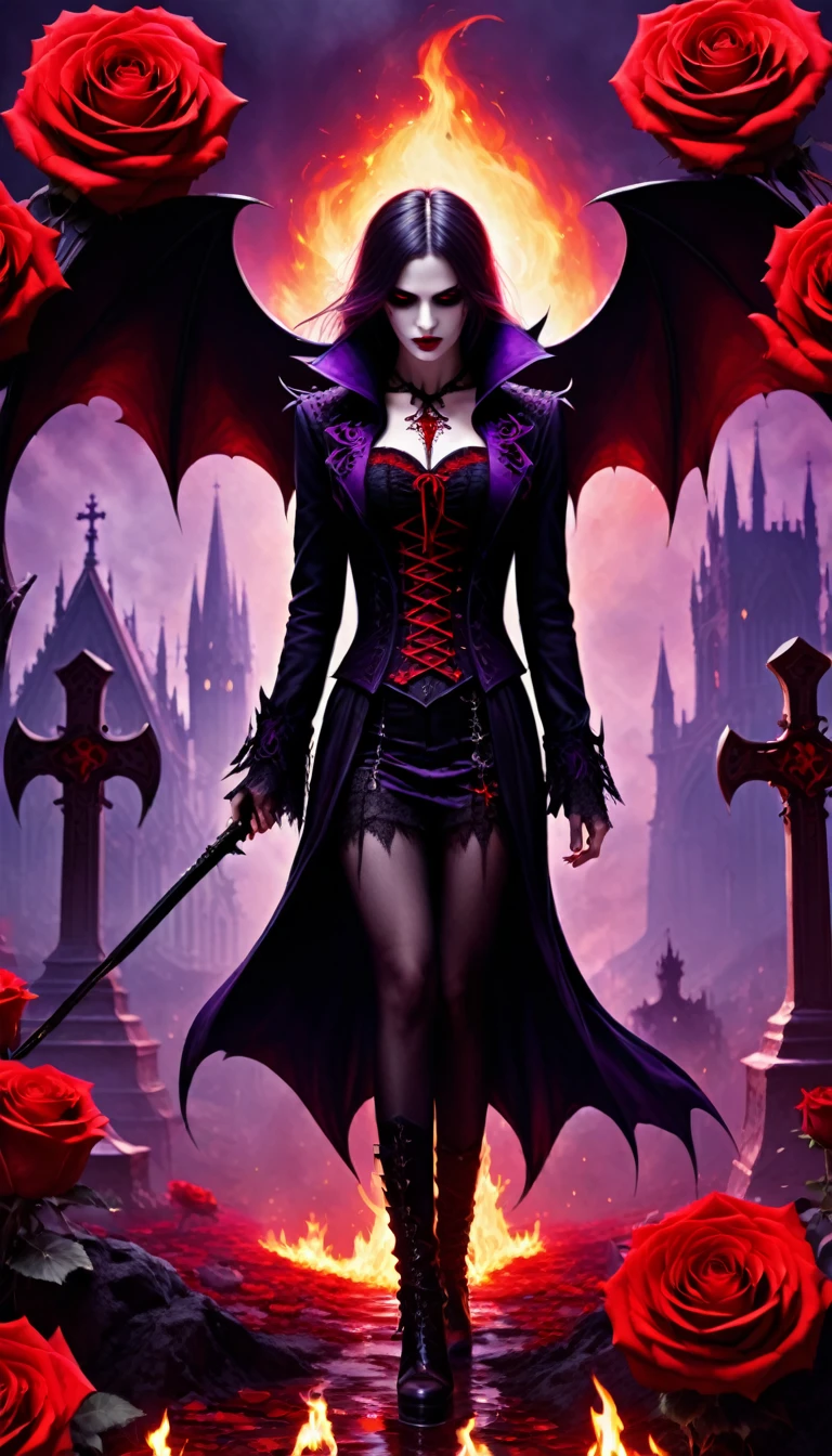 (Messenger from hell:1.4),cross,a huge vampire,Sickle seen from below,hell,magma,flame,(purple flame:1.3),There is fresh blood on the ground,blood pool,dripping blood,Gothic aesthetic,bat、Rose、castle、cross、blood、church cemetery,The mystery of gothic style、solemn and profound,gothic style,gothic style lace clothes、Rose symbolizes romance、grave、vampire、witch、ruins、gothic cathedral,Series of gothic symbols