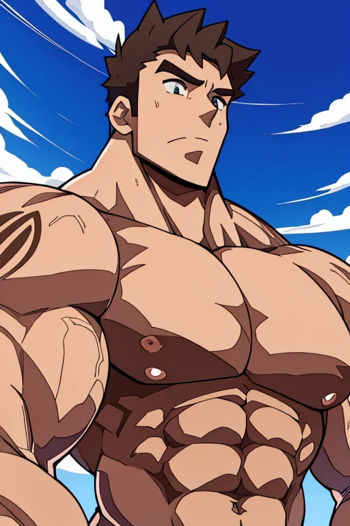 ((Anime style art)), Extremely muscular male character, bodybuilder body, Shirtless, Topless, (((SHIRTLESS))) Hands raised at neck level, (((Hands raised at neck level))), wears a small string thong that reveals huge, muscular thighs, bulge in the crotch, Beach, sun, clouds, Main character of the anime, Nice image, Hard drive, 4k.