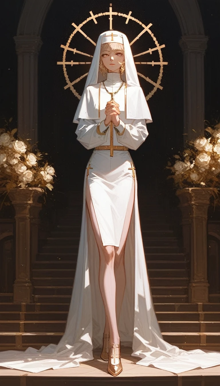 (Fraction_9,Fraction_8_Direction_7_up),1 a woman,(((bust))),game character,Priest,nun,hair,Bible in hand,White clothes,Gold decoration,Long legs,Short skirt,