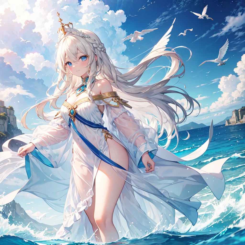A girl emerged from the sea, The Swan Princess of Russian Mythology, Beautiful calm face, blue eyes, Long blonde hair braided, The moon is woven into the hair at the back of the head., Old Russian shiny white clothes, On her head is a kokoshnik crown, Affectionate look, Half-laugh, There was a gentle look on his face, Background seascape and sunlight, Seagulls in the sky, full length, Photorealism
