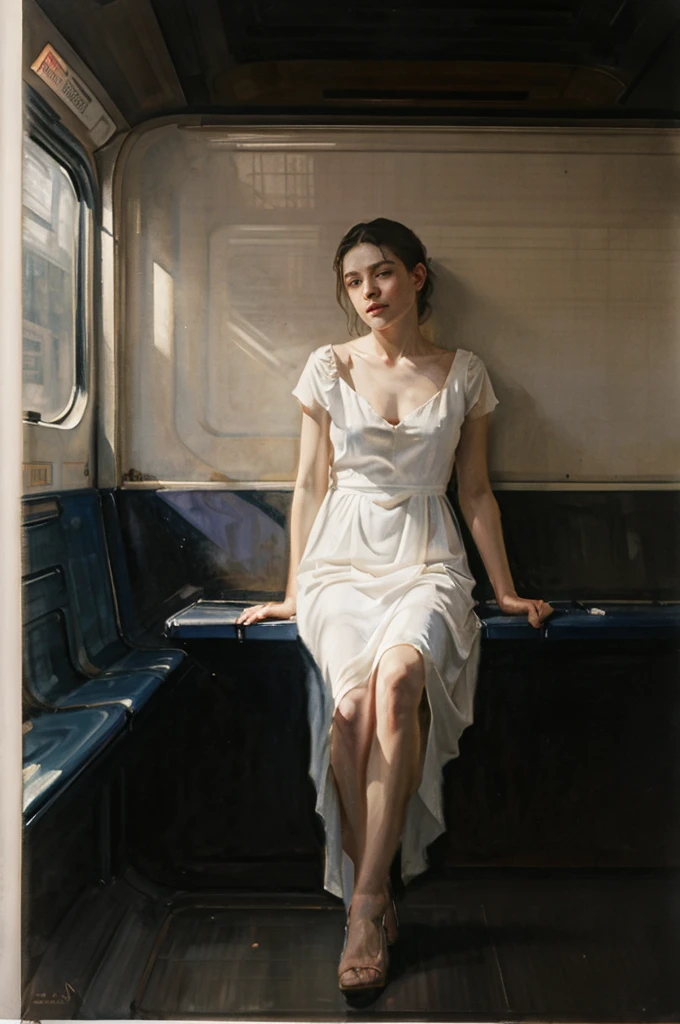 painting of a woman sitting in a subway car ((ONE WOMAN ONLY)) ((woman dressed in white)) modern dress, modern, actual, Nick Alm, by Andrea Pozzo, Jeremy Lipking, range murata Jeremy Lipking, by Carlo Mense, inspired by Enrique Simonet, sargento marshénnikov, by Michael Ford, krenzcushart, Jeremy Lipking full length shot, by Josep Rovira Soler